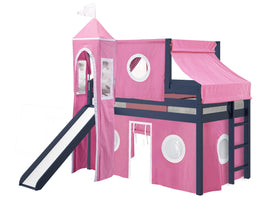 Princess Twin Low Loft Blue End Ladder Bed with a Pink and White Tent and a Slide for only $499