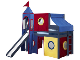 Castle Twin Low Loft Blue End Ladder Bed with a Red and Blue Tent and a Slide for only $499