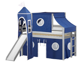 Castle Twin Low Loft Gray End Ladder Bed with a Blue and White Tent and a Slide for only $399