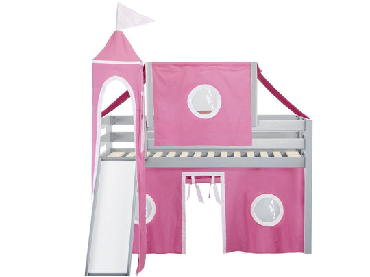 Gray Princess twin low loft bed showing the slide positioned on either side
