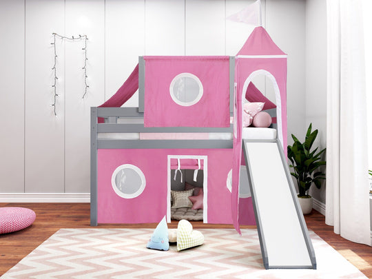 Pink and white play tent beneath the gray JACKPOT Princess twin low loft bed