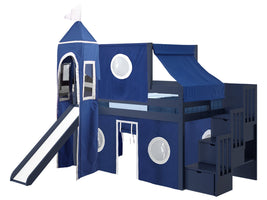 Castle Twin Low Loft Blue Stairway Bed with Blue and White Tent and a Slide for only $698