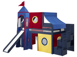 Castle Twin Low Loft Blue Stairway Bed with Red, Blue and Yellow Tent and a Slide for only $698
