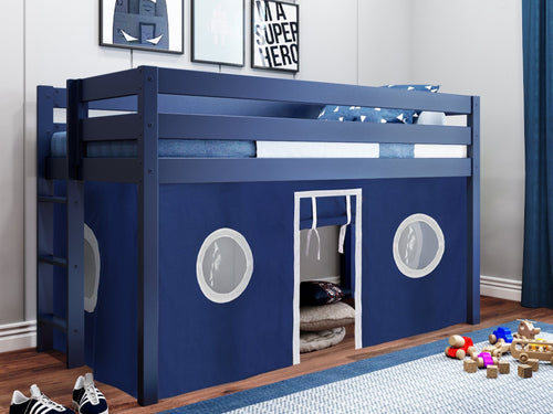 Twin Low Loft Bed, BLUE with Blue and White Tent
