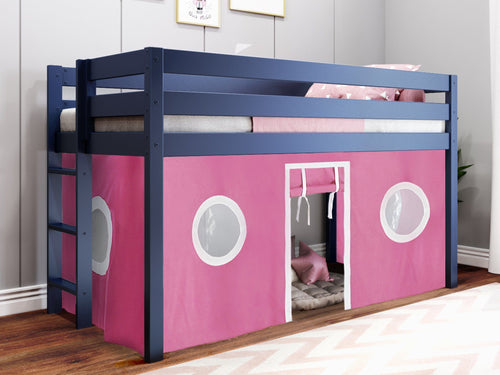 Twin Low Loft Bed, BLUE with Pink and White Tent