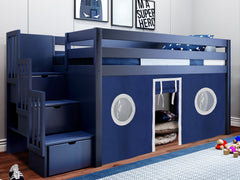 This Contemporary Low Loft Bed in Blue with a Blue & White Tent will look great in your Home