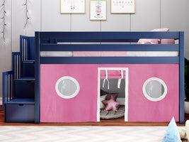 JACKPOT! Twin Low Loft Contemporary Bed with a Stairway, Blue with Pink & White Tent for only $579