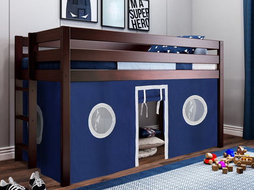Twin Low Loft Bed, CHERRY with Blue and White Tent