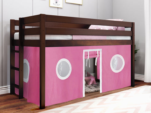 Twin Low Loft Bed, CHERRY with Pink and White Tent