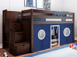 This Contemporary Low Loft Bed in Cherry with a Blue & White Tent will look great in your Home