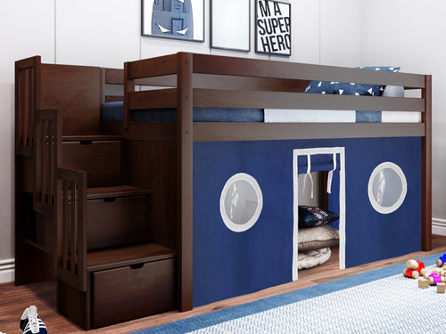 Twin Stairway Low Loft Bed in CHERRY, Blue & White Tent