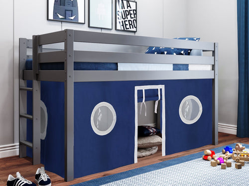 Twin Low Loft Bed, GRAY with Blue and White Tent