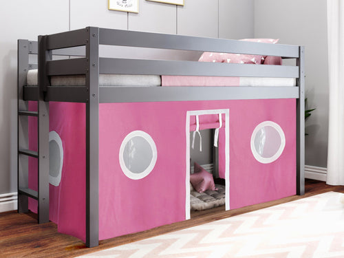 Twin Low Loft Bed, GRAY with Pink and White Tent