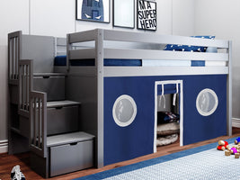 This Contemporary Low Loft Bed in Gray with a Blue & White Tent will look great in your Home