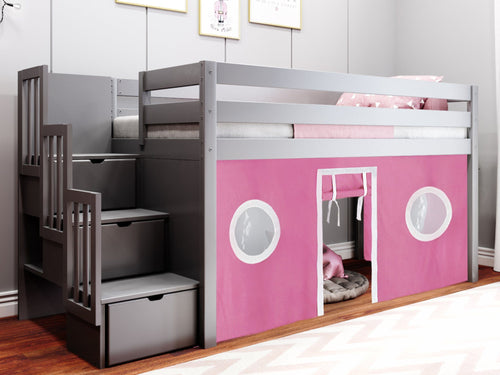 Twin Stairway Low Loft Bed in GRAY, Pink & White Tent