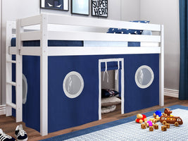 This Contemporary Low Loft Bed in White with a Blue & White Tent will look great in your Home