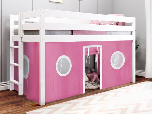 Twin Low Loft Bed, WHITE with Pink and White Tent