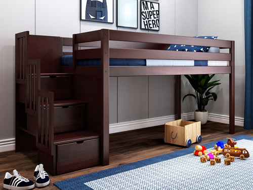 Contemporary Twin Low Loft Bed with Stairway, Cherry