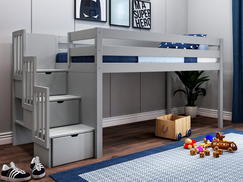 Contemporary Twin Low Loft Bed with Stairway, Gray
