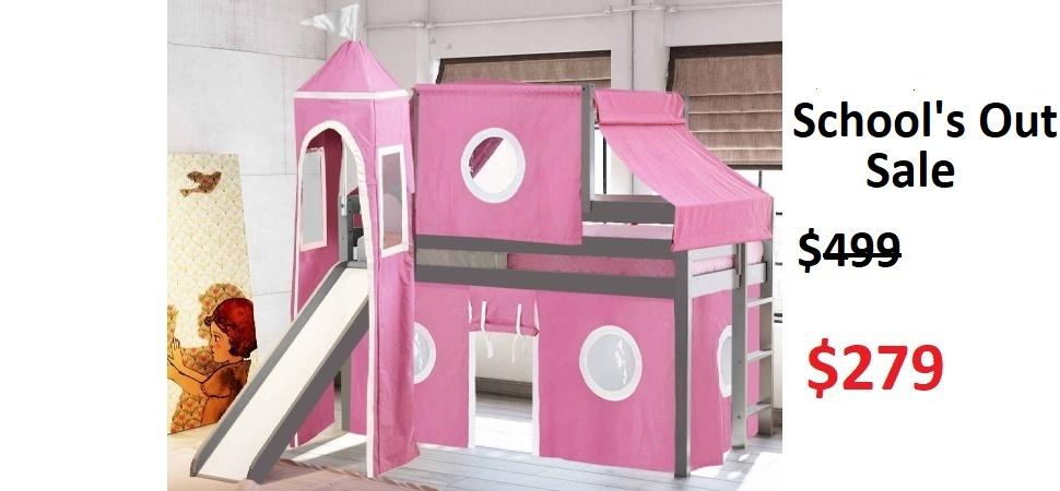 Princess Twin Low Loft Bed GRAY, Slide, Pink White Tent  on Sale for $279 - Saves you $220