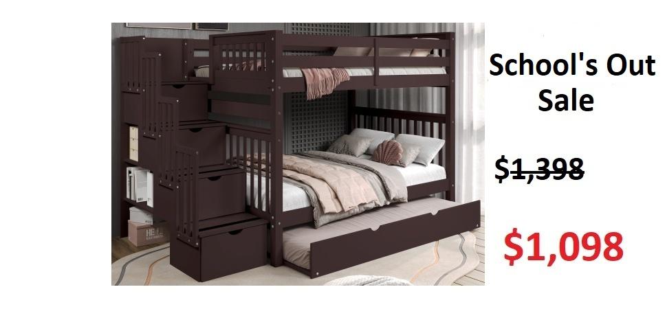Bedz King Full over Full Bunk Bed with Full Trundle in Dark Cherry on Sale for $1098- Saves you $300