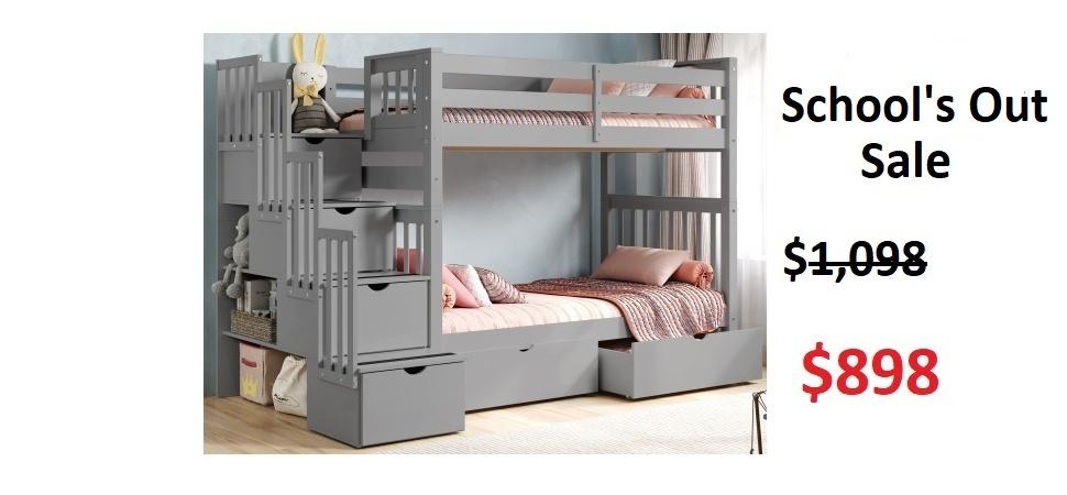 Bedz King Tall Twin over Twin Stairway Bunk Bed with  2 Under -Bed Drawers in Gray on Sale for $898 - Saves you $200