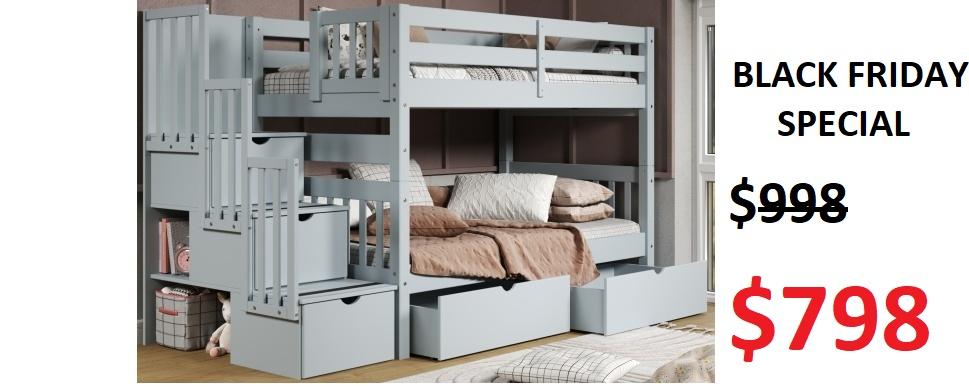 Bedz King Twin over Twin Stairway Bunk Bed in Breezy Blue with 2 Under-Bed Drawers $798 - Saves you $200