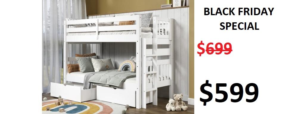 Bedz King Twin over Twin Bunk Bed in White with 2 Under-Bed Drawers $599 - Saves you $100