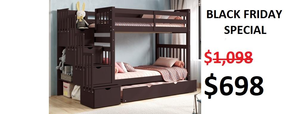 Bedz King Tall Twin over Twin Bunk Bed in Dark Cherry with a Trundle $698 - Saves you $400
