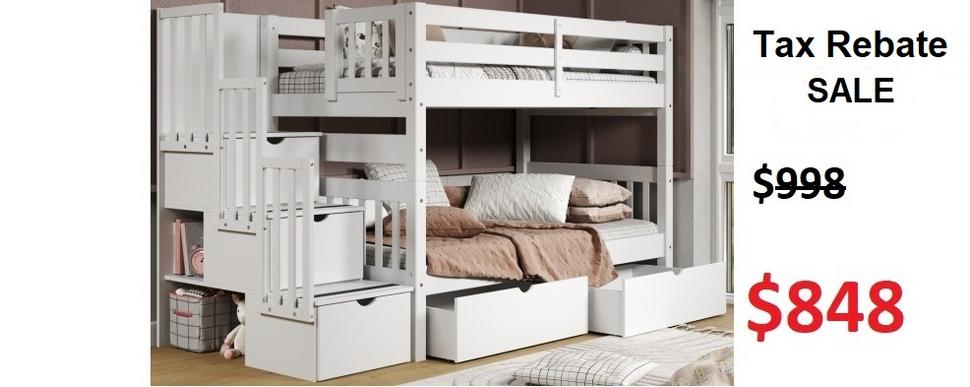 Bedz King Twin over Twin Stairway Bunk Bed with 2 Under-Bed Drawers in White on Sale for $848 - Saves you $150
