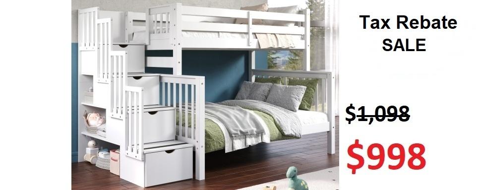 Bedz King Twin over Full Stairway Bunk Bed in White on Sale for $998 - Saves you $100