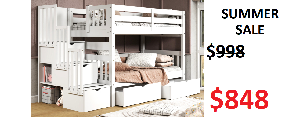 Bedz King Twin over Twin Stairway Bunk Bed with 2 Under-Bed Drawers in White on Sale for $848 - Saves you $150