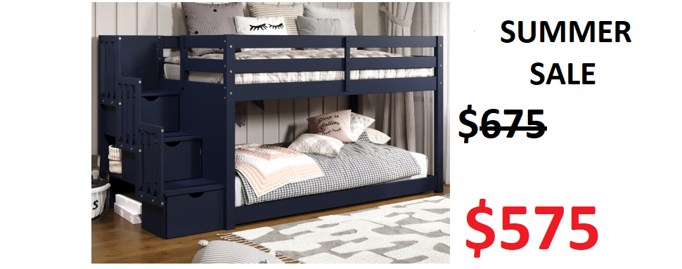 Bedz King Twin over Twin Low Bunk Bed with Stairway in Blue on Sale for $748 - Saves you $100