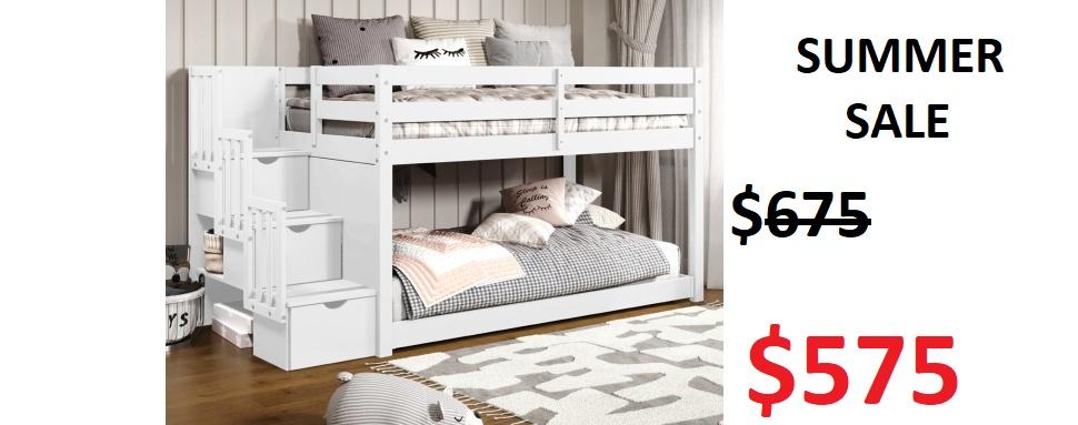Bedz King Twin over Twin Low Bunk Bed with Stairway in White on Sale for $748 - Saves you $100