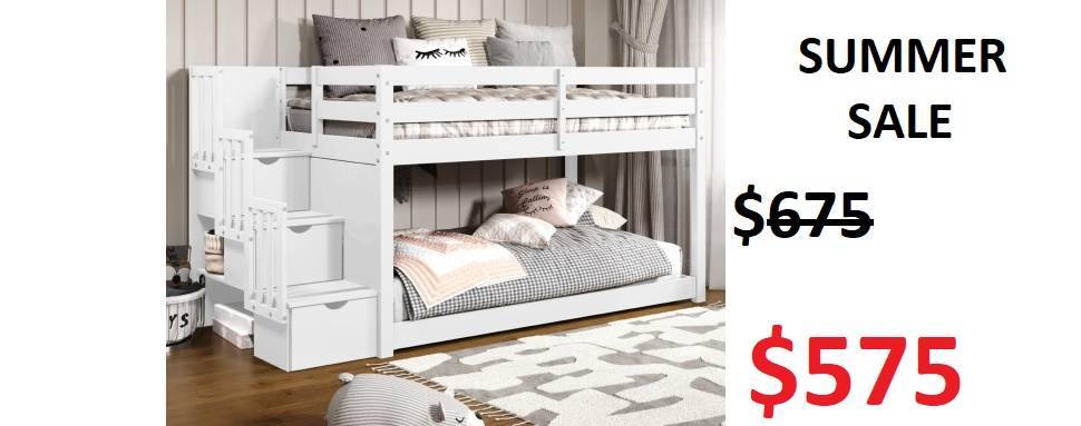 Bedz King Twin over Twin Low Bunk Bed with Stairway in White on Sale for $748 - Saves you $100