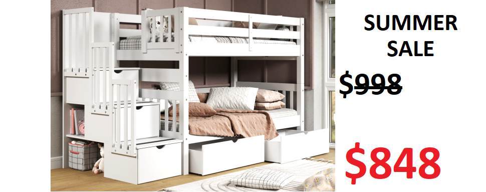 Bedz King Twin over Twin Stairway Bunk Bed with 2 Under-Bed Drawers in White on Sale for $848 - Saves you $150