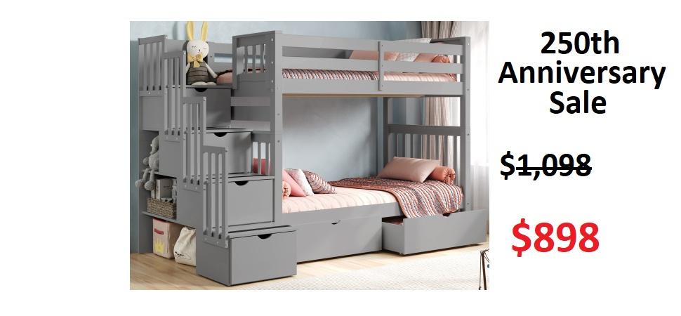 Bedz King Twin over Twin Stairway Bunk Bed in Gray on Sale for $748 - Saves you $100