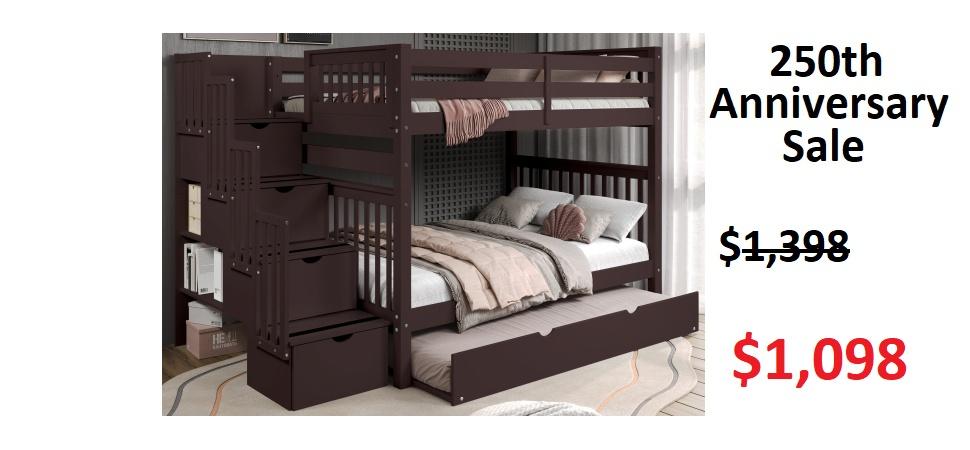 Bedz King Twin over Twin Low Bunk Bed with Stairway in White on Sale for $748 - Saves you $100