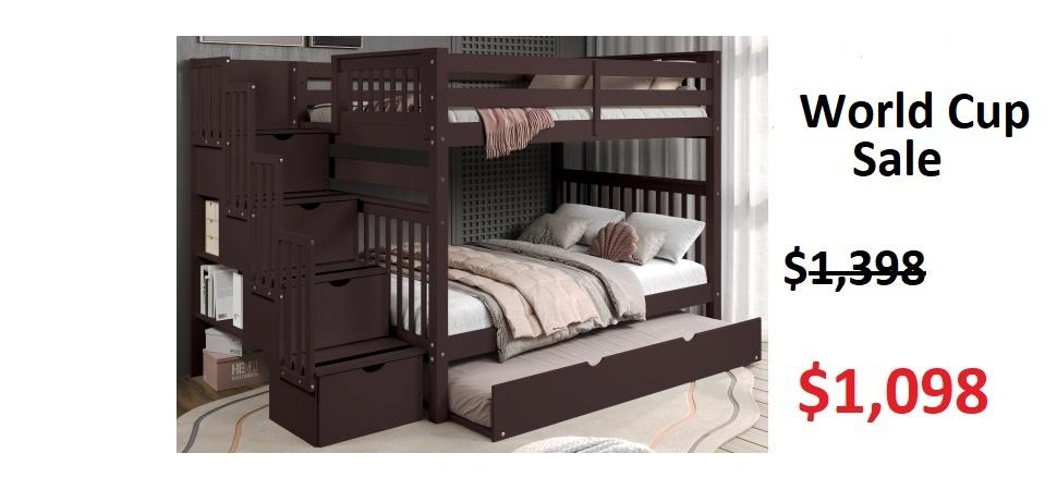Bedz King Full over Full Bunk Bed with Full Trundle in Dark Cherry on Sale for $1098- Saves you $300