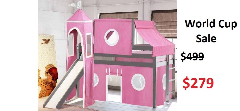 Princess Twin Low Loft Bed GRAY, Slide, Pink White Tent  on Sale for $279 - Saves you $220