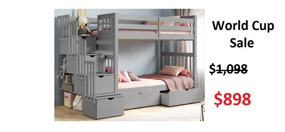 Bedz King Tall Twin over Twin Stairway Bunk Bed with  2 Under -Bed Drawers in Gray on Sale for $898 - Saves you $200
